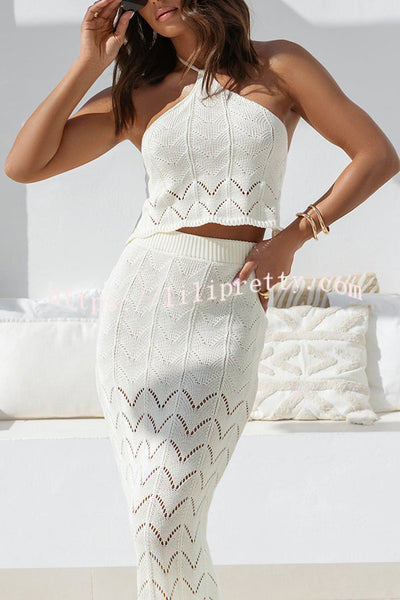 Solid Knit Hollow Halter Top and Stretch Fit Maxi Skirt Set