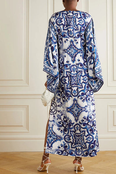 Blue and White Porcelain Print Loose Slit Maxi Dress