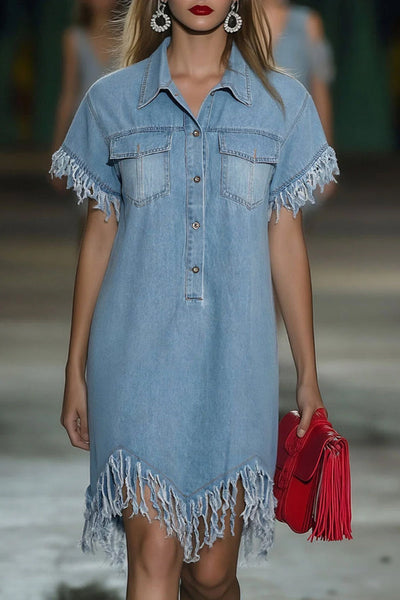 Loose-fitting Short-sleeved Shirt with Fringed Denim Mini Skirt