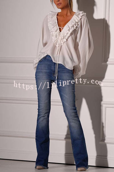 Ashlyne Tiered Ruffle Neckline Tie-up Balloon Sleeve Loose Blouse
