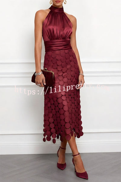 Janice Satin Ruched Halter Neck Sleeveless Embroidered Polka Dot Hem Midi Dress