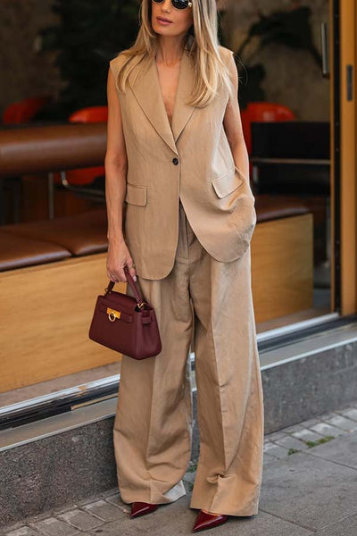 Boss Lady Single Button Lapel Oversized Vest and Pleated Waist Pocket Wide Leg Pants Set