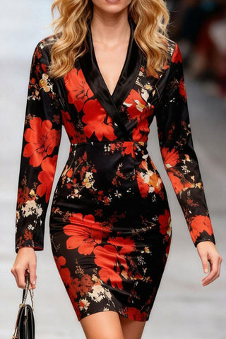 Floral Print V-neck Long-sleeved Slim-fit Mini Dress