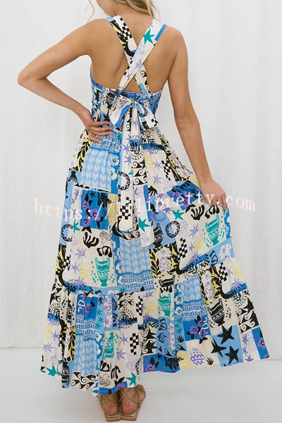 Unique Printed Sleeveless Lace Up Backless Maxi Dress