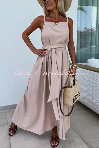 Long Story Solid Color Belted Pocket A-line Breathable Maxi Dress