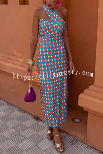 Fashion Printed Sexy One Shoulder Slim High Waist Maxi Dress