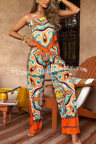 Ethnic Style Unique Print Tube Top and Elastic Waist Casual Pocket Wide Leg Pants Set