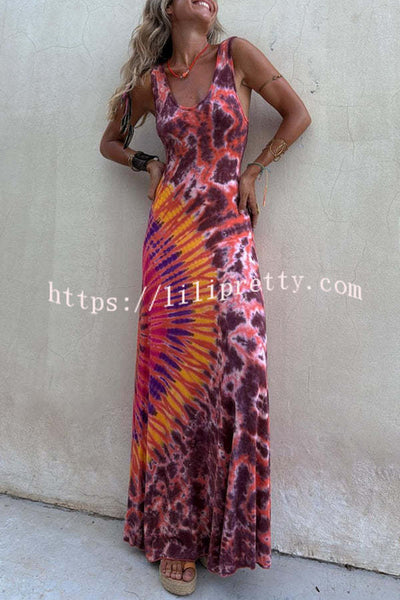 Boho Happiness Tie-dye Print Back Lace-up Stretch Maxi Dress