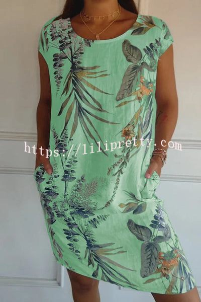 Botanical Print Linen Blend Crew Neck Short Sleeve Pocket Mini Dress