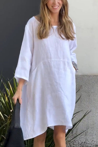 Linen Blend Solid Loose Casual Pocket Mini Dress
