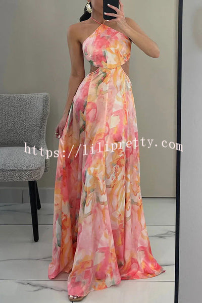Korina Render Print Cutout Waist Halter Backless Maxi Dress