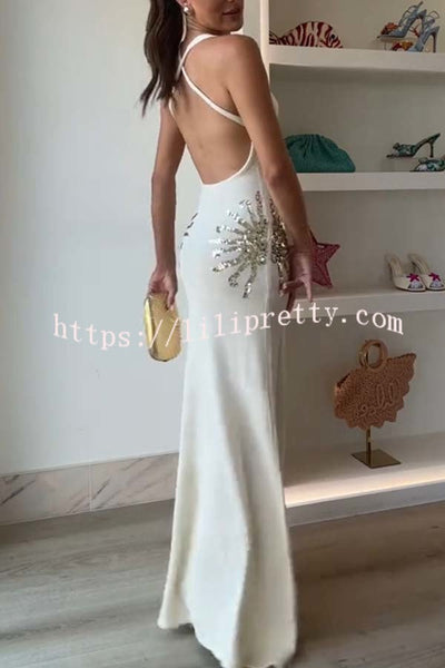 Sparkling Nights Knit Sunburst Sequin Detail Back Cross Straps Stretch Maxi Dress
