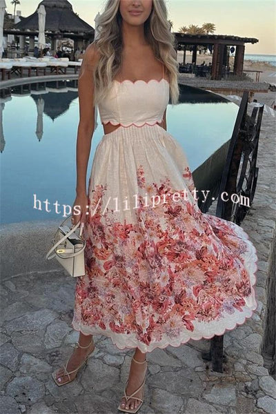Cabo Sunsets Floral Print Petal Trim Back Lace-up Pocket Midi Dress