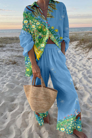 Green Grass Print Oversized Shirt and Elastic Waist Pocket Pants Set