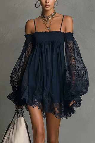 Fashionable Spaghetti Strap Lace Long-sleeved Loose Mini Dress