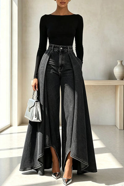 High-Waist Overlay Wide-Leg Jeans