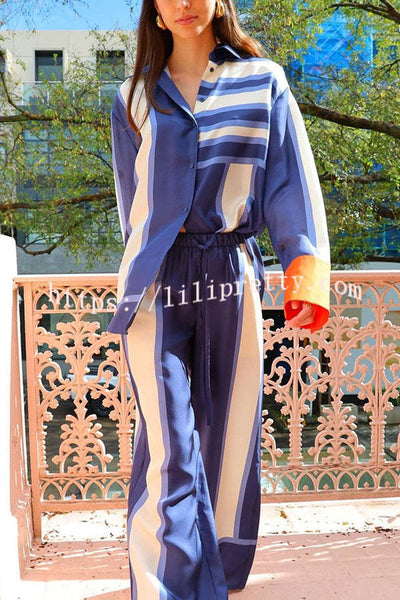 Conceptually Chic Satin Geometric Print Elastic Waist Pocketed Wide Leg Pants