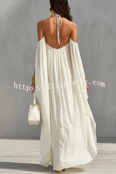 Fashionable Chiffon Metal Halter Neck Off-shoulder Elegant Loose-fitting Holiday Maxi Dress