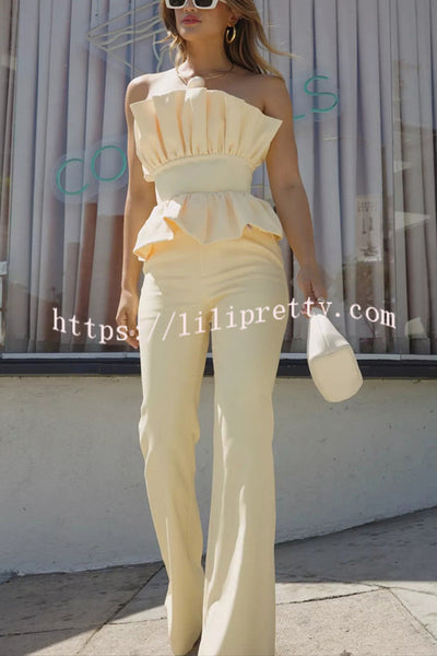 Every Occasion Crepe Panel Ruffles Strapless Top and High Rise Pocketed Flare Pants Set
