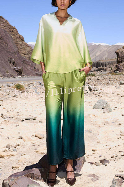 Alenah Satin Gradient Print V-Neck Loose Shirt and Casual Pocket Wide Leg Pants Set