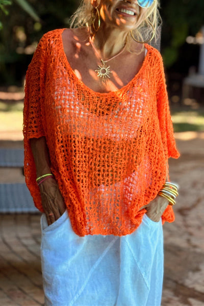 Solid Color Loose-fitting Openwork Casual Knitted Cover-up Top
