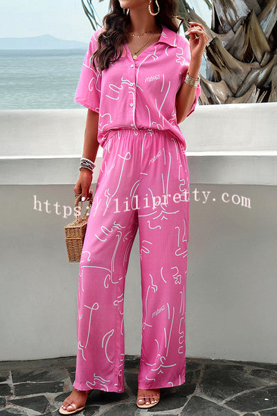 Fun Printed Button Pocket Long Sleeve Shirt and Elastic Waist Pants Set