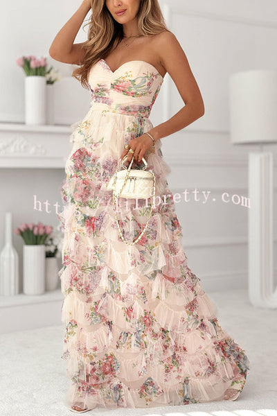 Soraya Tulle Floral Print Off Shoulder Ruffles Tiered Hem Party Maxi Dress