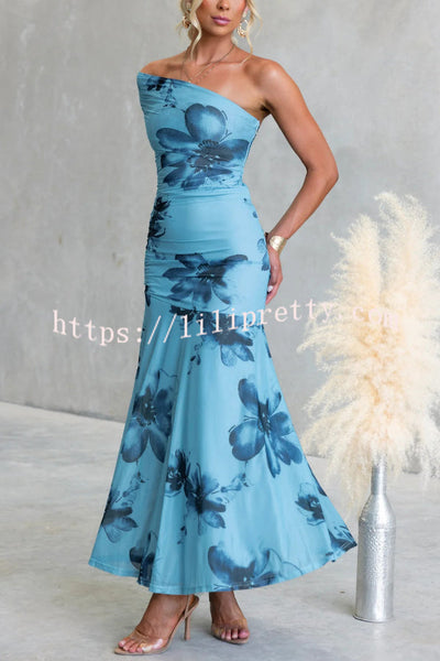 Floral Print Elegant Mesh Off-shoulder Fitted Maxi Dress
