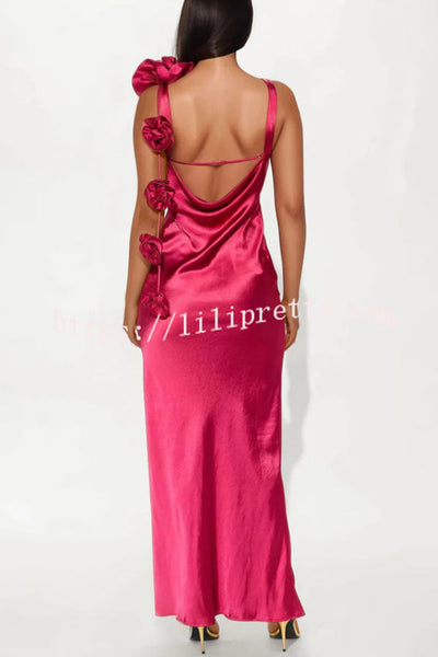 Satin Floral Embellishment Backless Elegant Slim-fit Maxi Dress