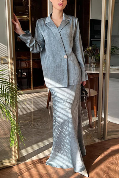 Stylish Lapel Long-sleeved Button-down Suit and Elegant Maxi Skirt Set