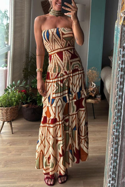 Bohemian Style Unique Print Tube Top Pleated Maxi Dress