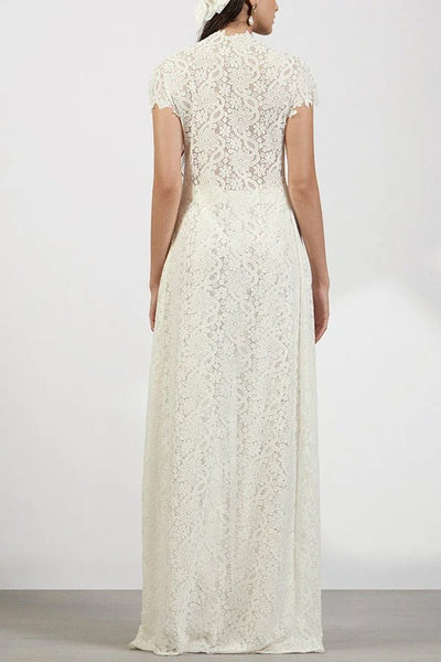 Elegance Avant-garde Floral Lace Short Sleeve High Low Top and High Rise Wide Leg Pants Set
