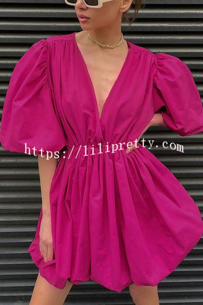 Solid Color Sexy V-neck Lantern Sleeve Waist Mini Dress