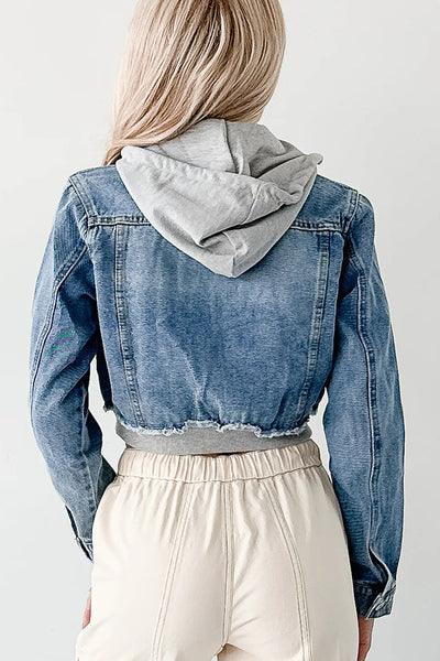 Fashionable Patchwork Hooded Casual Long-sleeved Denim Jacket