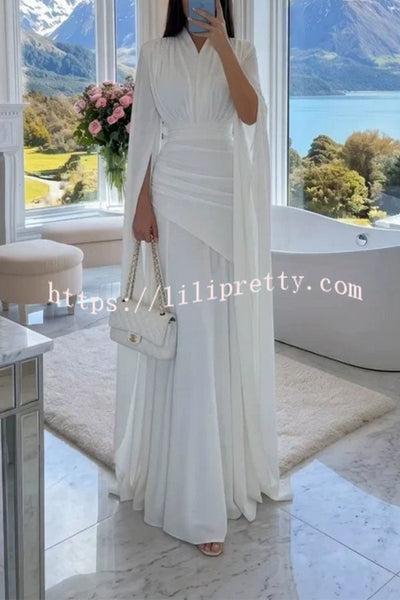 Luxury Cape Sleeve V-Neck Pleated Maxi Dress