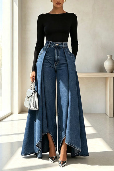 High-Waist Overlay Wide-Leg Jeans