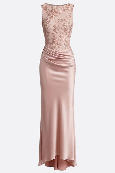 Vera Mesh Embroidery Satin Ruched Crew Neck Sleeveless Gown Maxi Dress