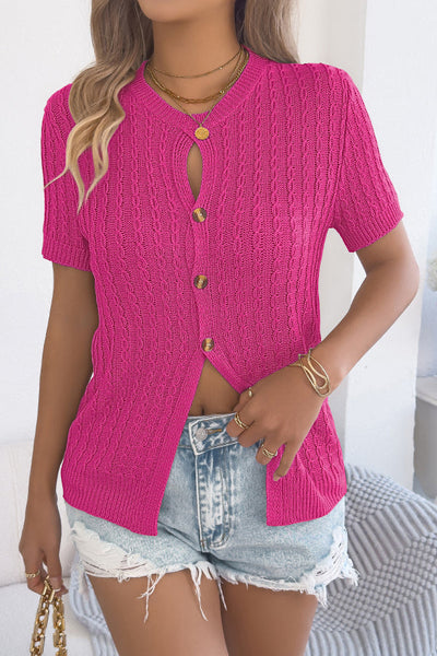 Solid Color Openwork Round Neck Short-sleeved Knit Cardigan