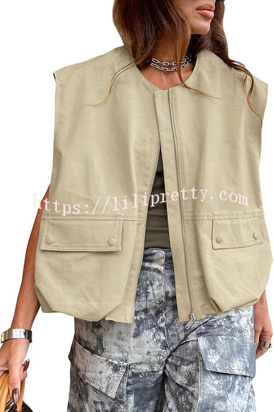 Fashion Zipper Sleeveless Pocket Loose Vest Jacket