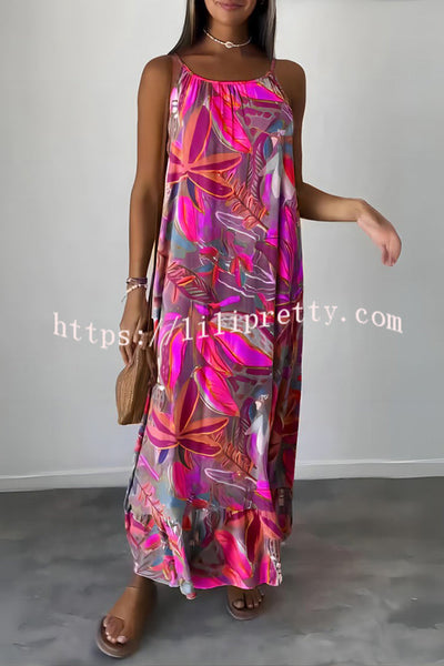 Unique Botanical Print Casual Loose Strappy Maxi Dress