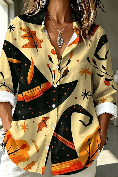 Halloween Shirt with Evil Spirit and Witch Hat Pattern