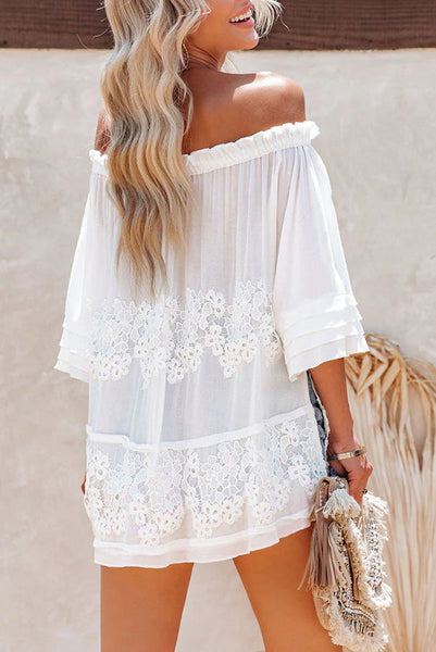 Off The Shoulder Flare Sleeve Crochet Tunic