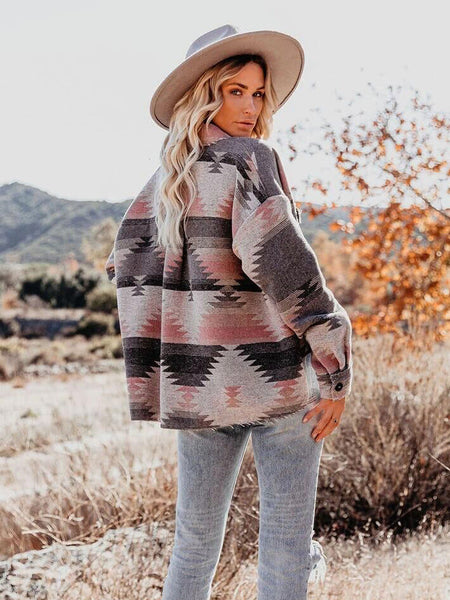 Women lapel ethnic style printed coat