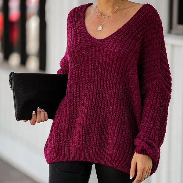 Fashion Women's Solid Color V-neck Loose Sweater-Corachic