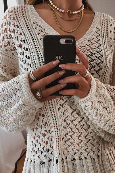 Hollow V Neck Puff Sleeve Sweater