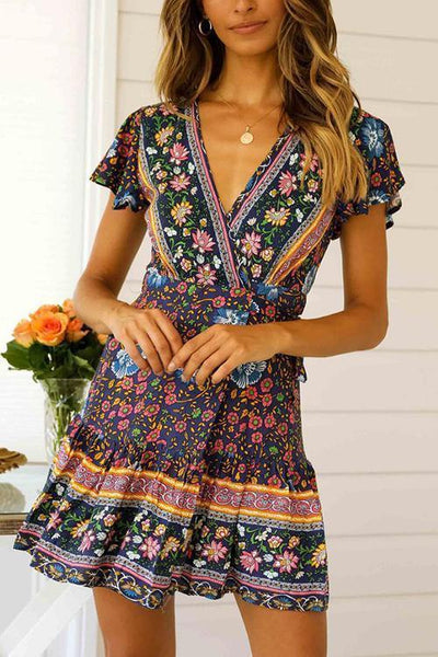 Floral Print Short Sleeve Mini Dress - girlyrose.com
