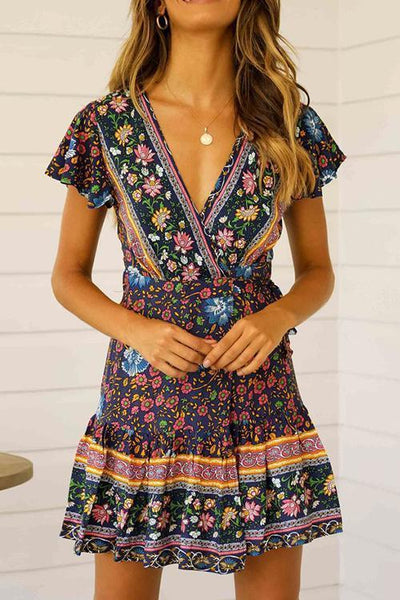 Floral Print Short Sleeve Mini Dress - girlyrose.com