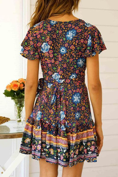 Floral Print Short Sleeve Mini Dress - girlyrose.com
