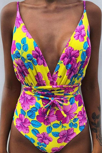 V NECK Tied One-piece Swimsuit - girlyrose.com