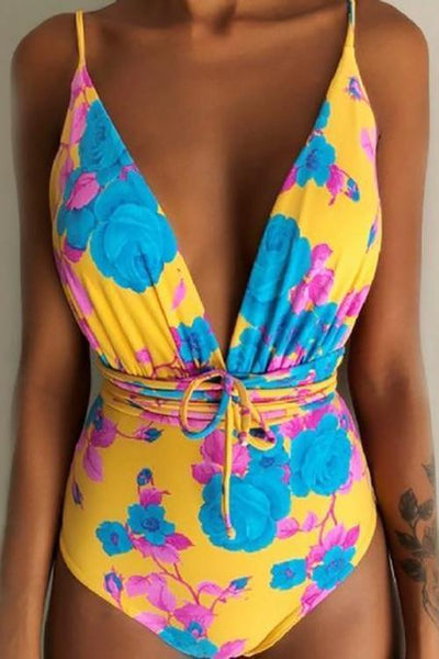 V NECK Tied One-piece Swimsuit - girlyrose.com